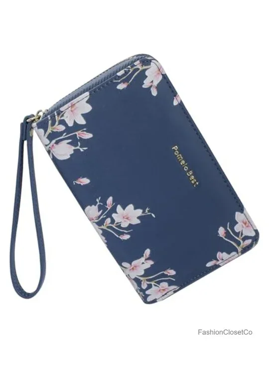 RFID Blocking Zipper Around PU Leather Wristlet Wallet