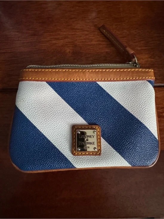 Dooney & Bourke Blue and White Diagonal Stripe Zip Coin Pouch with Tan Trim