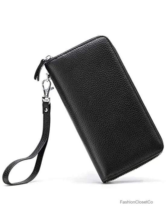 Genuine Leather RFID Blocking Zip Around Wallet Clutch Wristlet with Removable