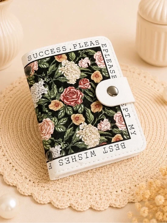 Floral Snap Card Holder Wallet - Black Floral Print with Cream Trim-NWOT