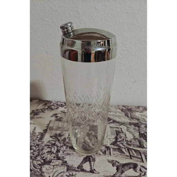 Vintage‎ Cut Glass Cross Hatch Continental Style Cocktail Shaker with Chrome Cap