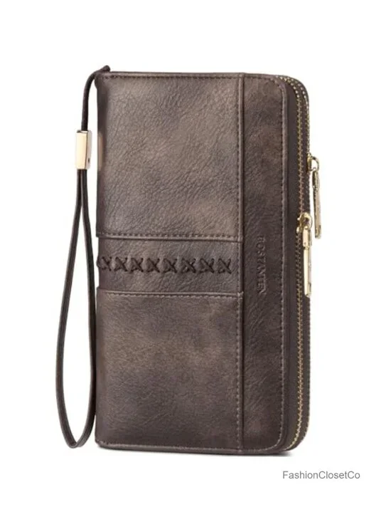 Vegan Leather Double Zipper Large Capacity Wristlet RFID Clutch Wallet