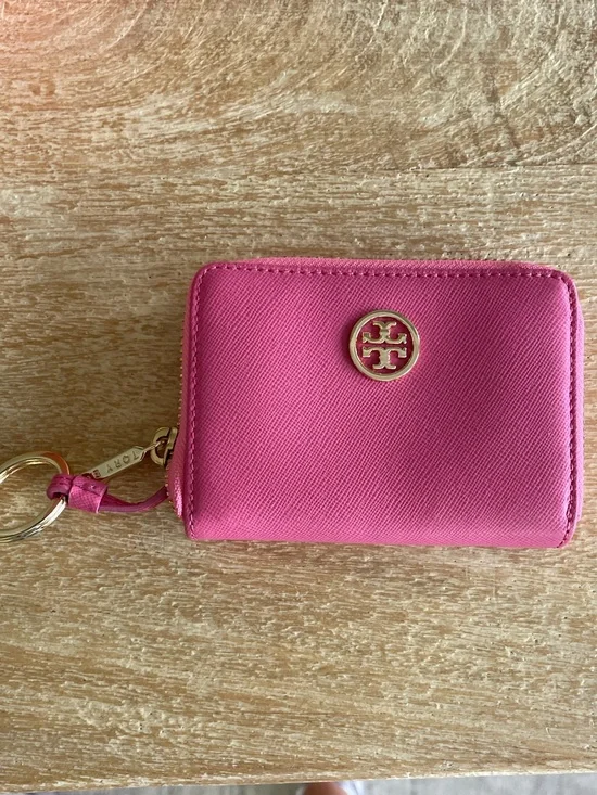 Tory Burch Hot Pink Saffiano Zip Card Case with Keyring