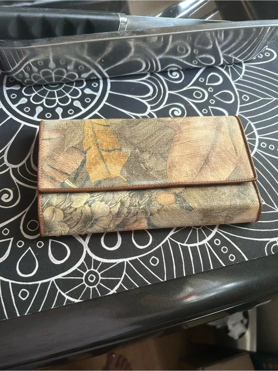 Salvatore Ferragamo Brown and Gold Floral Leather Wallet