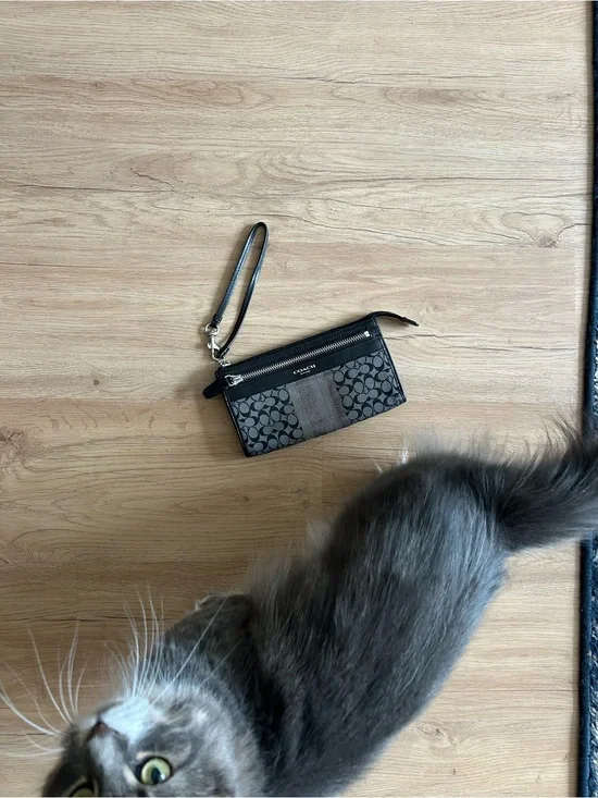Coach Vintage Black/Charcoal Gray Signature Stripe Double Zip Wristlet Wallet