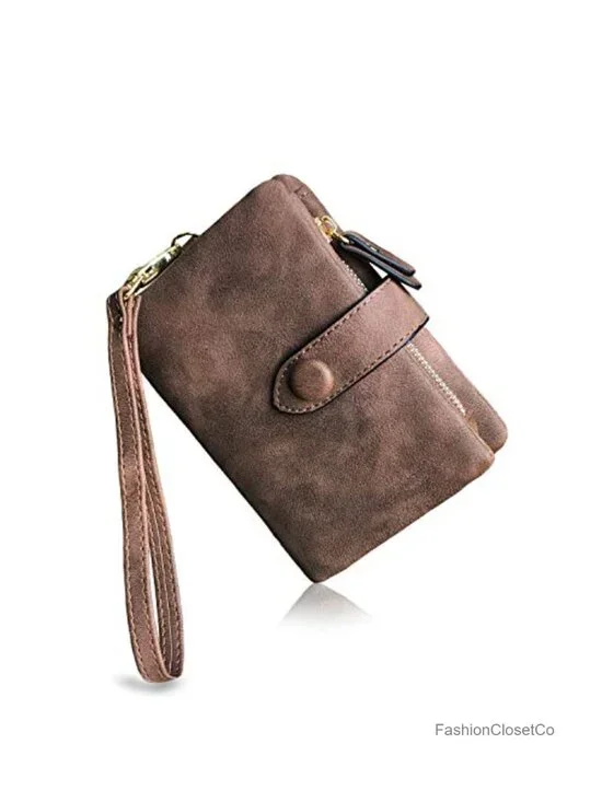 Small Bifold Leather Wallets RFID Wristlet with Card Slots ID Window Zipper