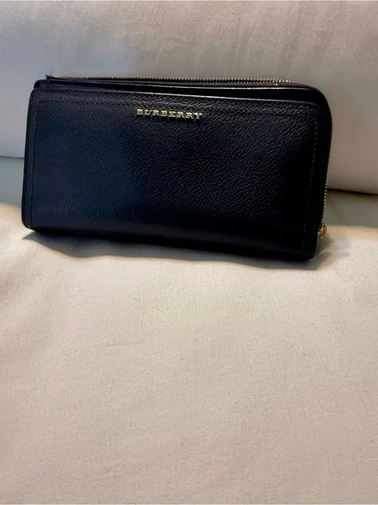 Burberry Navy Blue Leather Zip-Around Wallet with Gold Logo