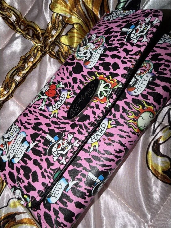 NWT Ed Hardy Trifold Long Wallet Y2K Tattoo Snap Closure Skull Leopard Pink
