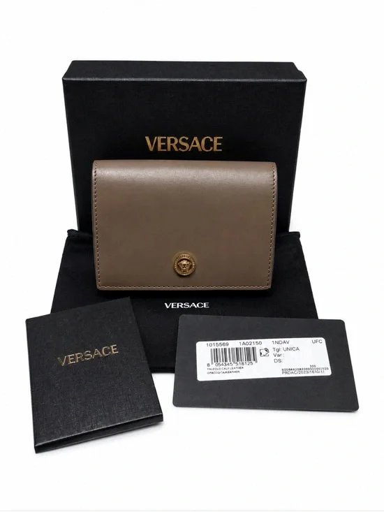 Versace Medusa Tri-Fold Calf Leather Wallet- Chesnut/Versace Gold