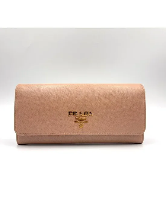 Prada Saffiano Metal Bifold Leather Pink Beige Wallet Gold