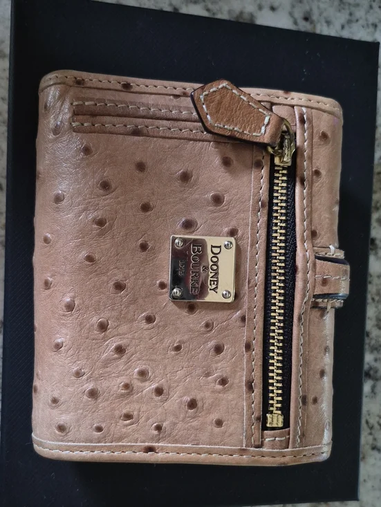 Dooney & Bourke Tan Ostrich-Embossed Leather Wallet with Gold Hardware