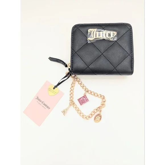 NWT Juicy Quilted Black Zip Wallet/Wristlet w/Gold Hardware, Chain & Charms