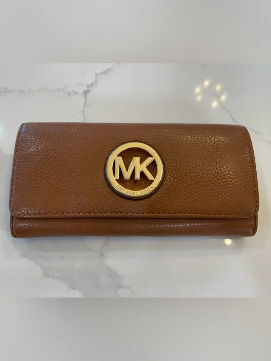 Michael Kors Tan Pebbled Leather Continental Wallet with Gold MK Emblem