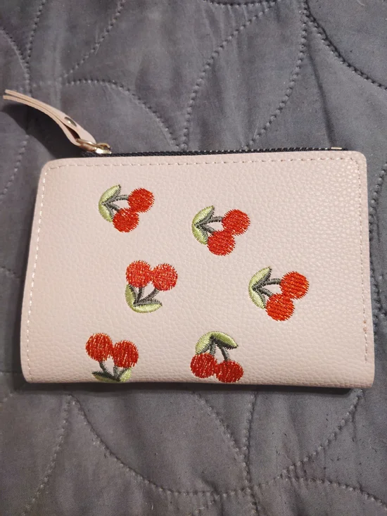 Women’s 🍒 Cherry Embroidered Zip Wallet - Blush Pink!