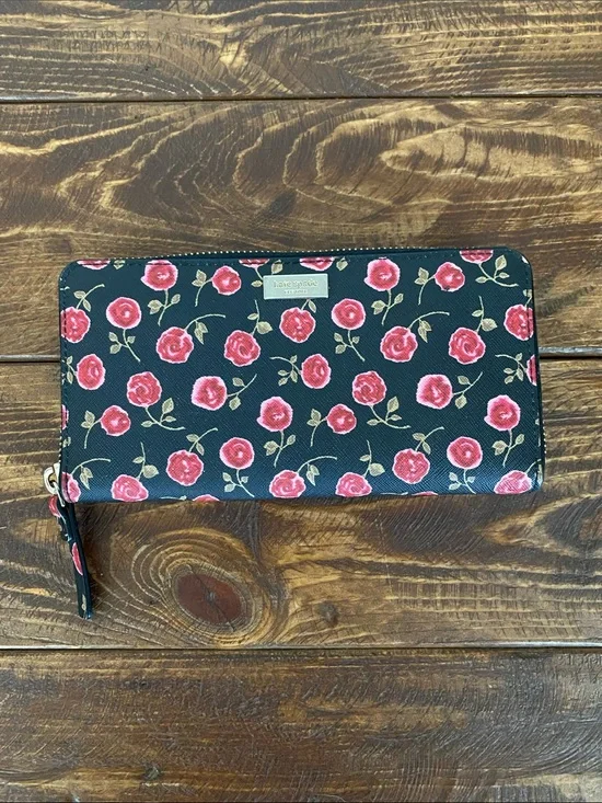 Kate Spade Black Rose Zip-Around Wallet