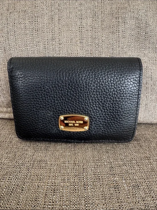 Michael Kors Black Pebbled Leather Clutch Wallet with Gold Plate