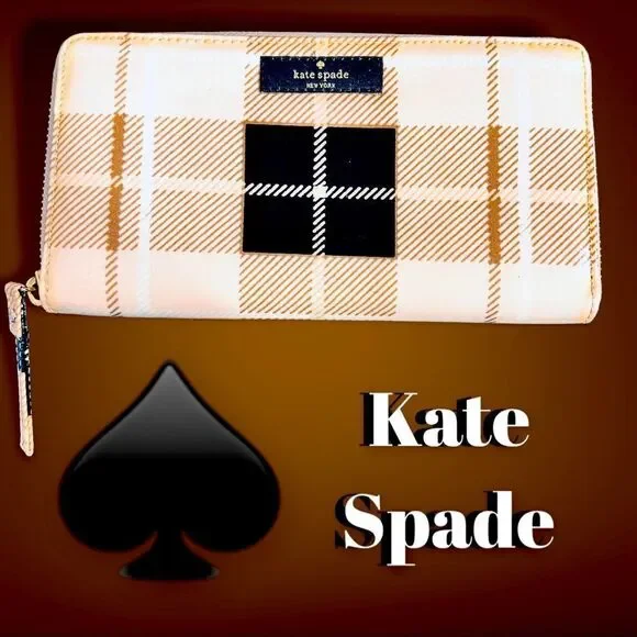 Kate Spade Women's Patent Leather Clutch Wallet Organizer Large Zip Pink Plaid
