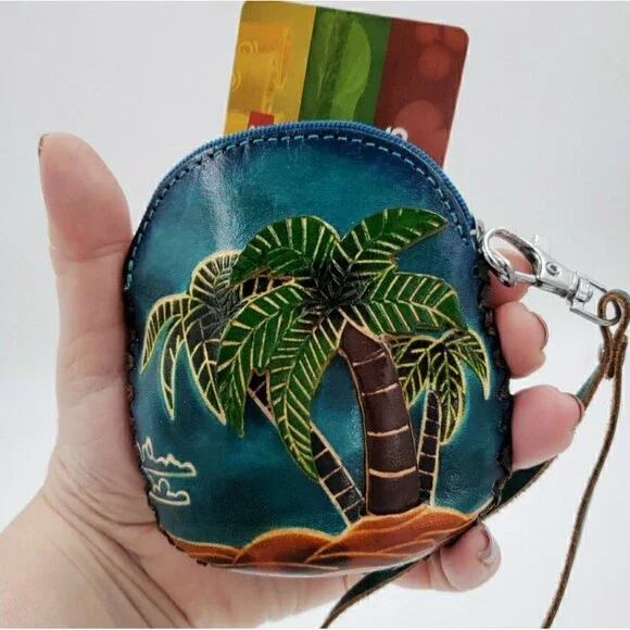 Tropical Palm Tree Wristlet Gift Card Holder Handmade Leather Surfer Mini Purse