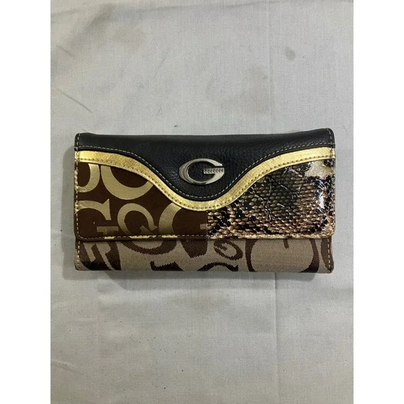 Guess Trifold Wallet Brown Monogram Canvas Snakeskin Gold Trim G‎ Logo Y2K Glam