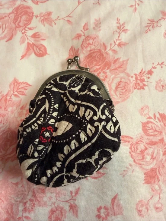 Vera Bradley Black and Cream Floral Kiss-Lock Coin Purse with Red Accent