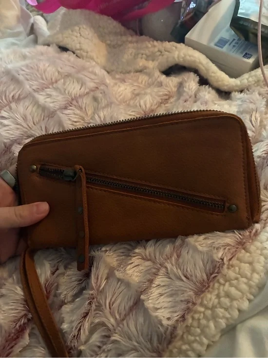 Free People Tan Leather Wristlet Wallet with Front Zip