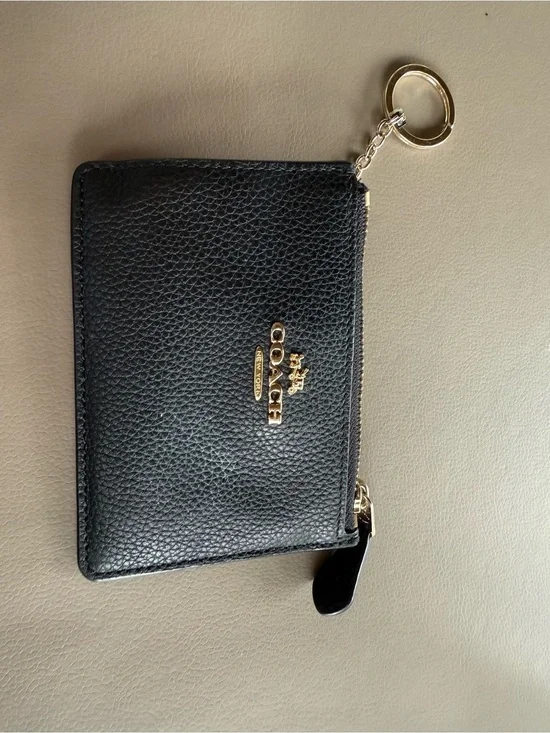 Coach Black Pebbled Leather Zip Key Card Wallet with Gold Hardware