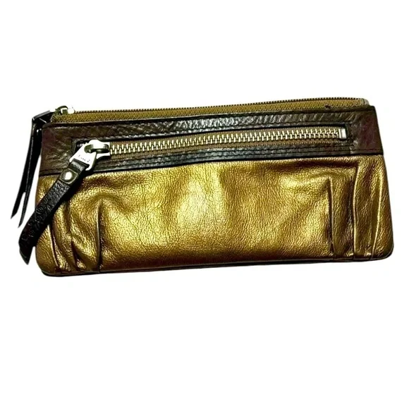 Fossil metallic bronze pleated leather zip wallet