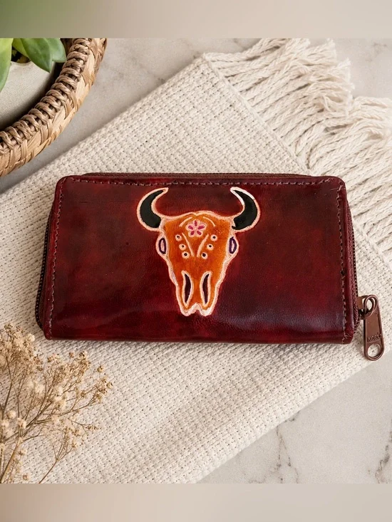 Boho Western Bull Skull Zip Around Wallet
