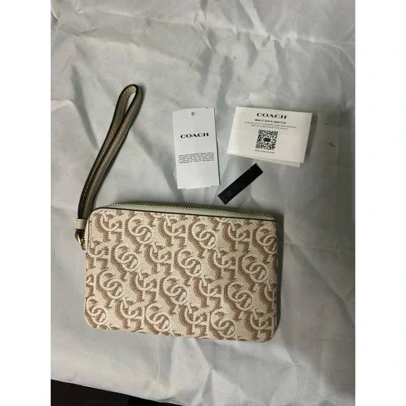 Coach Signature C Monogram Wristlet‎ Beige Brown Zip Pouch NWT