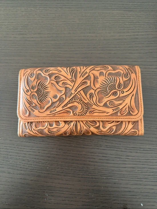 Hand-Tooled Floral Leather Wallet - Caramel Tan