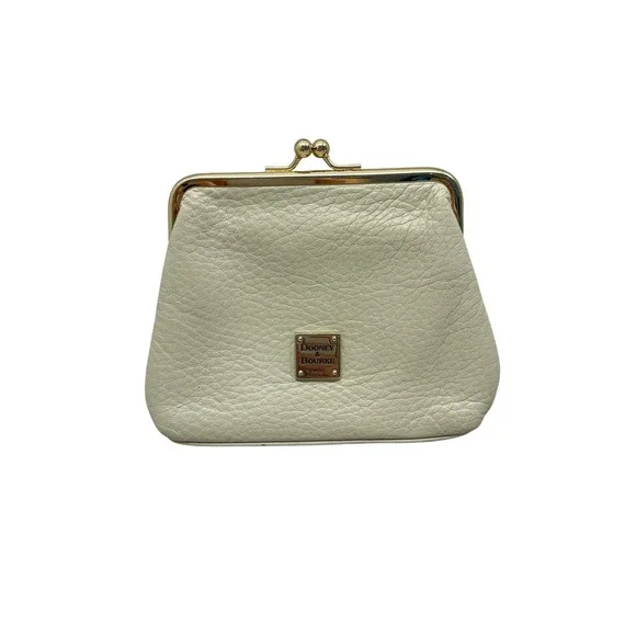 Dooney & Bourke Cream Pebbled Leather Kiss Lock Coin Purse Wallet Vintage Gold