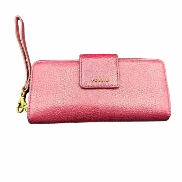 Fossil Leather Zip Around Wristlet Wallet Burgundy RFID