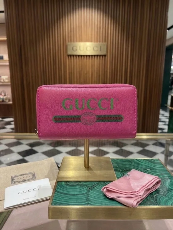 Authentic GUCCI Pink Leather Zip-Around Long Wallet with Signature Web Stripe