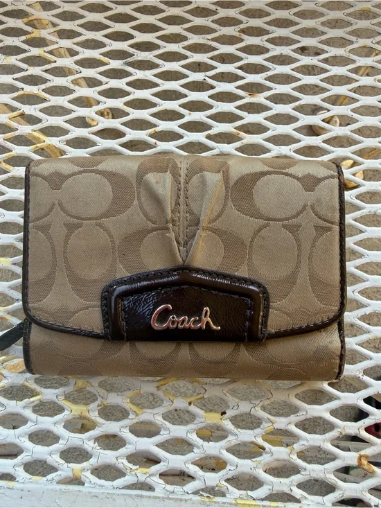 Coach Khaki and Brown Signature Canvas Trifold Wallet