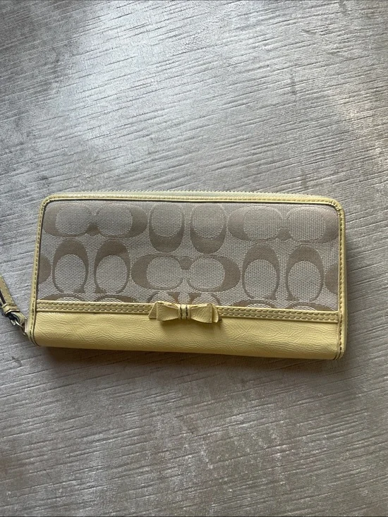 Coach Yellow Trim Signature Canvas Zip Wallet with Bow