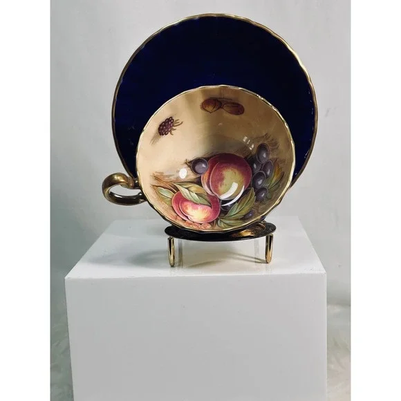 Aynsley Orchard Fruit Teacup Saucer Cobalt Blue Gold D‎ Jones Signed Bone China