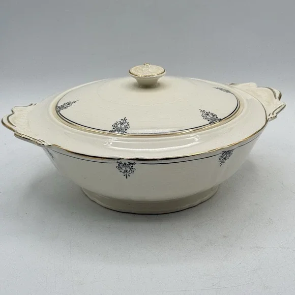 VTG 1940's Crown Potteries Co Covered Dish‎ - Vegetable Bowl - Gold Trim -