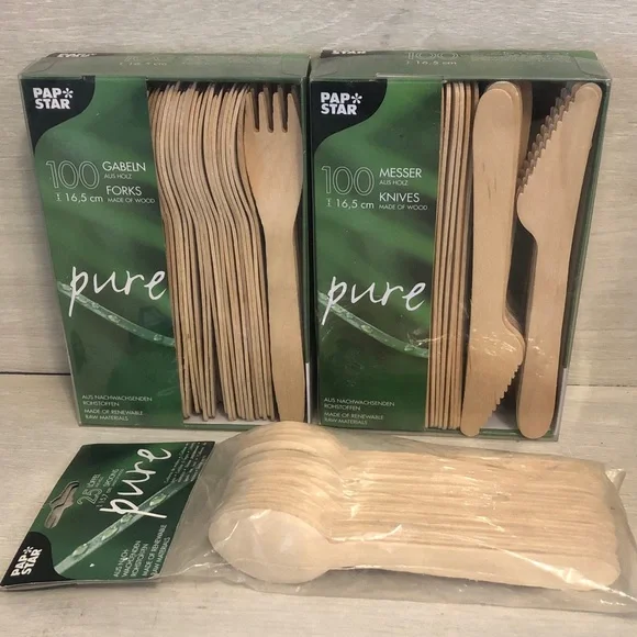 Pap Star PURE Disposable Compostable Wooden Cutlery Set Bundle NIB Please Read