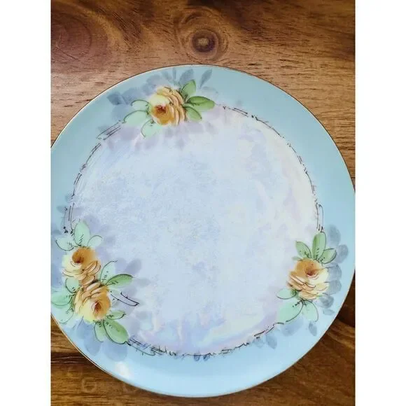 VTG Plate With Yellow Flowers Design Handpainted W/iridescent Center Gold Trim‎