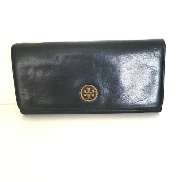 Tory Burch Solid Black Cowhide Leather‎ Enveloe Large Wallet Long Clutch