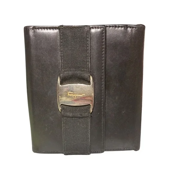 Salvatore‎ Ferragamo Black Leather Vara Bow Bifold Wallet 224074 Made in Italy