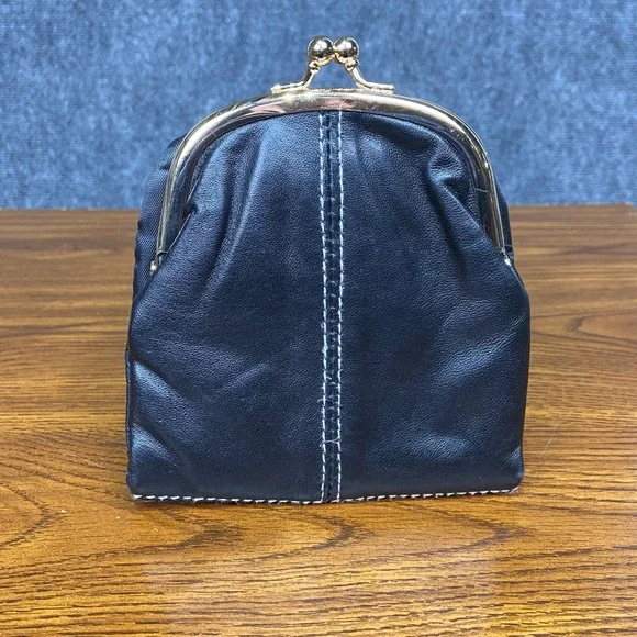 Black Leather‎ Kisslock Coin Purse Vintage Style Change Wallet Clutch
