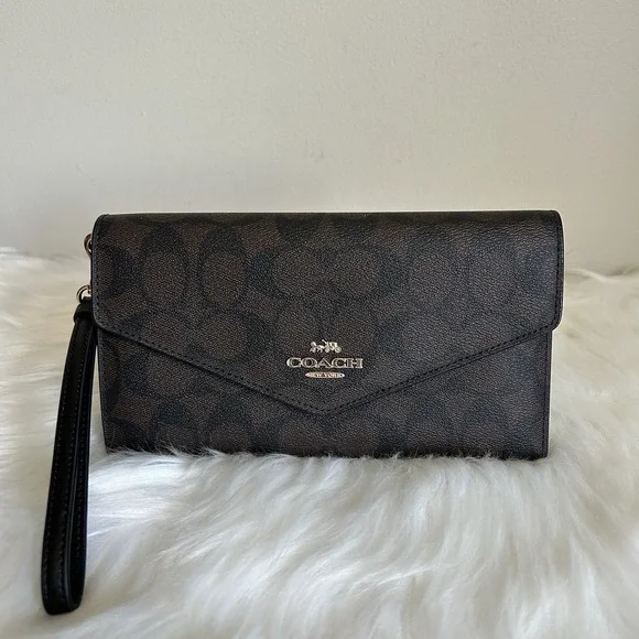 Coach C1962 Travel Envelope Wallet Brown Black‎ Signature Canvas NWT