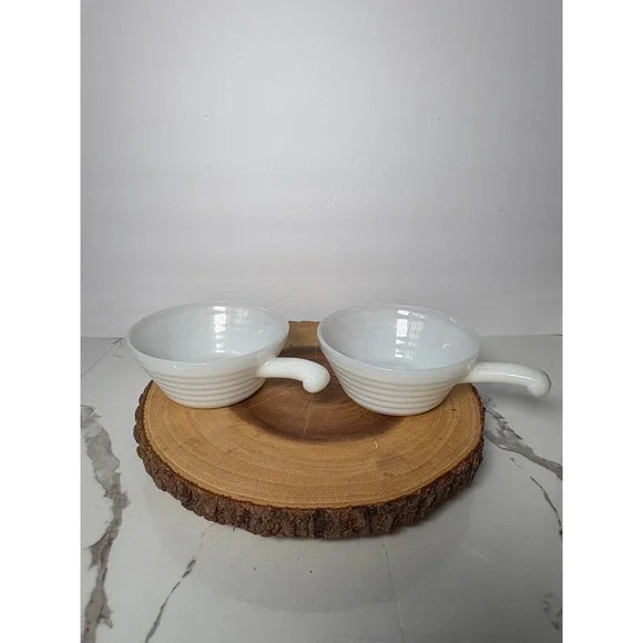 Vintage Fire-King Milk Glass Soup Chili Bowls with Handle‎ White Ribbed Set of 2