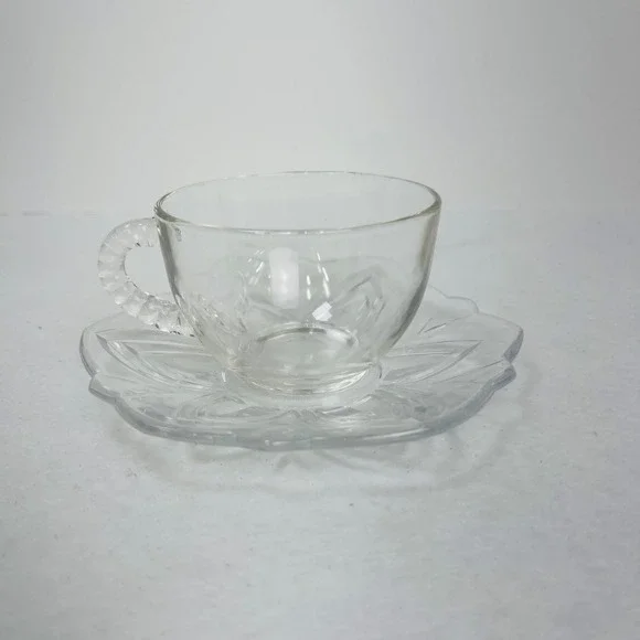 Vintage Soga Clear Pressed Glass Teacup Saucer Set Floral Petal Scalloped Japan