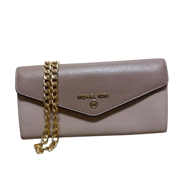 Michael Kors MK envelope clutch wallet on chain WOC cream blush gold cute EUC