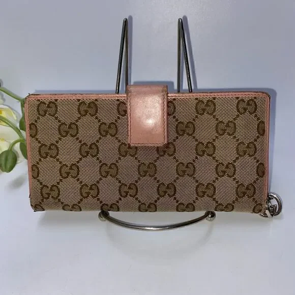 Authentic GUCCI GG Logo Leather Trim Long Clutch Wallet