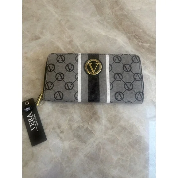 Vera Neumann Signature Zip Around Wallet Logo Grey Black VNWS22962 New NWT