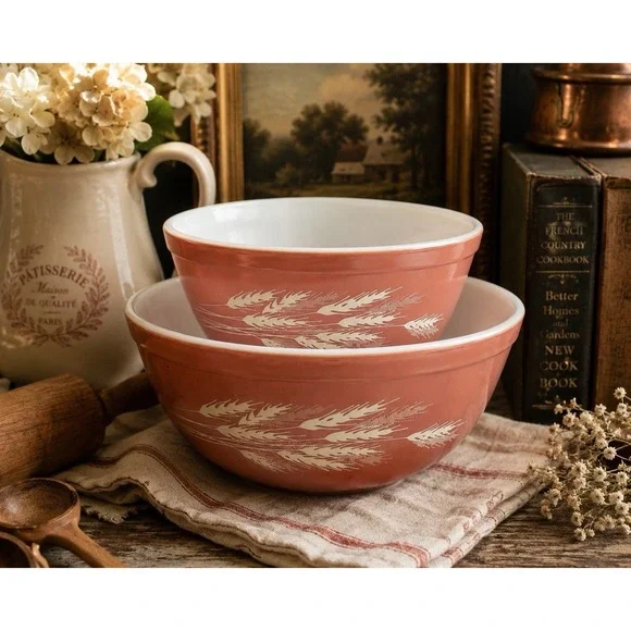 Vintage Pyrex Autumn Harvest Wheat Mixing Bowls Set #402 #403 Nesting Pair