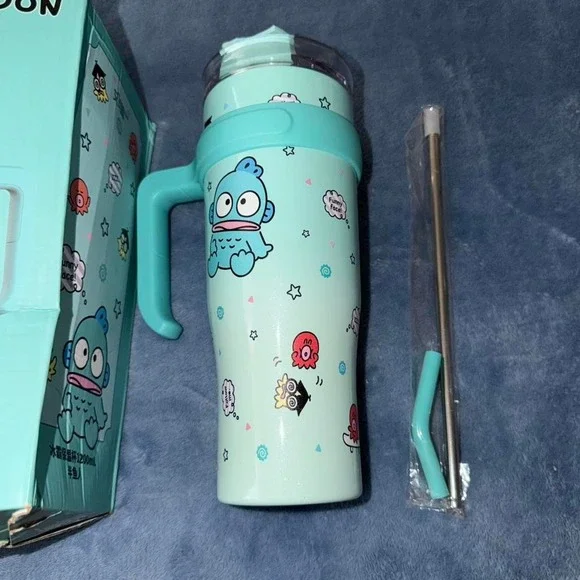 Hangyodon blue insulated water bottle with straw